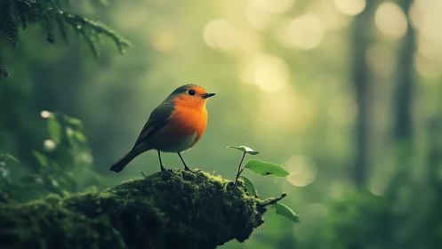 European robin on mossy branch in soft-focus forest scene.