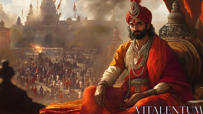 Regal Indian monarch in ornate textiles overseeing temple crowds