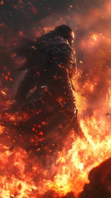 Armored warrior stands in dense flames and drifting embers