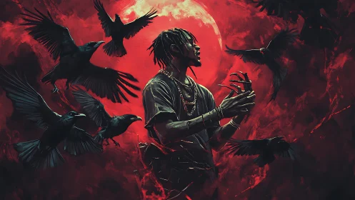 Man with crows under blood red moon in dark red sky.