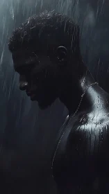 Solitary rain-soaked silhouette in dramatic side profile.