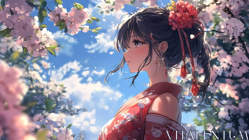 Blossom crowned daydreamer beneath a sky of drifting petals.