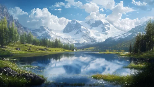Snowcapped alpine peaks reflect over clear mountain lake