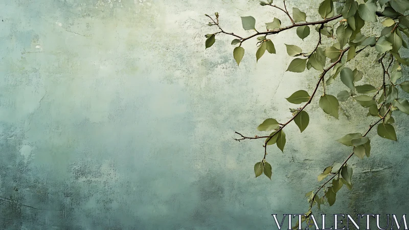 Green leaves drape over textured teal wall backdrop.