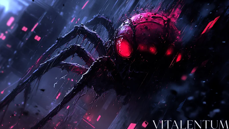 Neon nightmare spider drips across a rain‑soaked skyline.