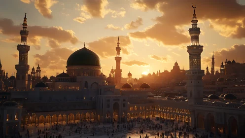 Photorealistic mosque skyline at golden hour with domes and minarets.