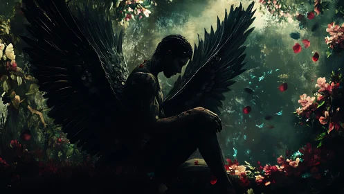 Fallen dark angel rests in shadowed forest of drifting petals