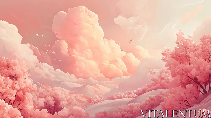 Sunlit pastel valley under towering rose clouds.