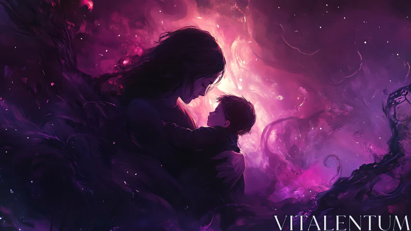 Mother and Child in Luminous Purple Embrace.