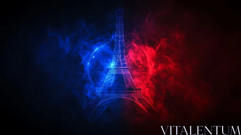 Eiffel Tower silhouette glows in blue and red smoke lighting