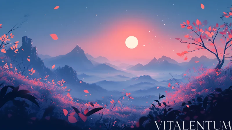 Serene pink and blue mountains under full moonlight period.