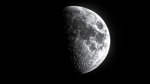 Detailed lunar half-phase against deep black space.