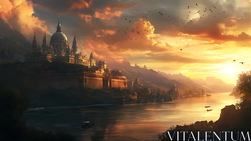 Golden river kingdom glows warmly beneath a radiant sunset