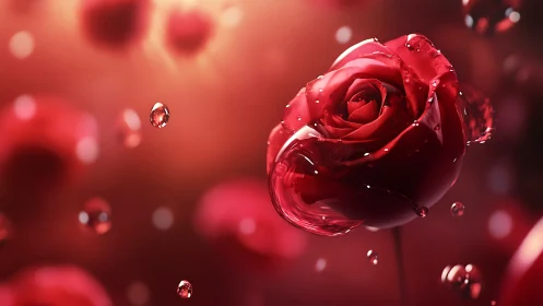 Crimson Rose in Liquid: A Dance of Petals and Dewdrops.