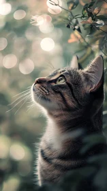 Cat Gazing Upward in Dreamy Garden Bokeh Light