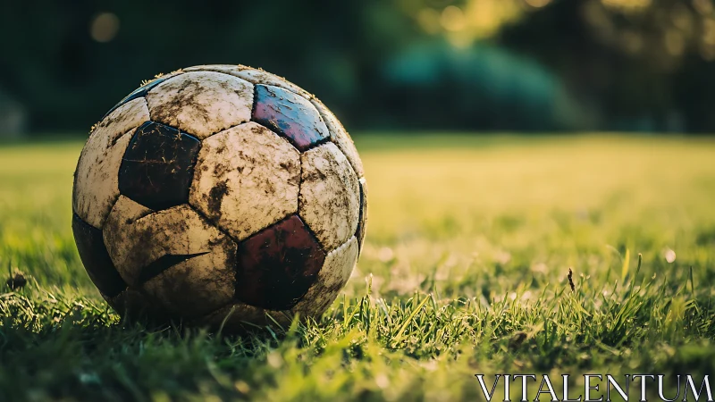 Weathered soccer ball on grass field in soft daylight.