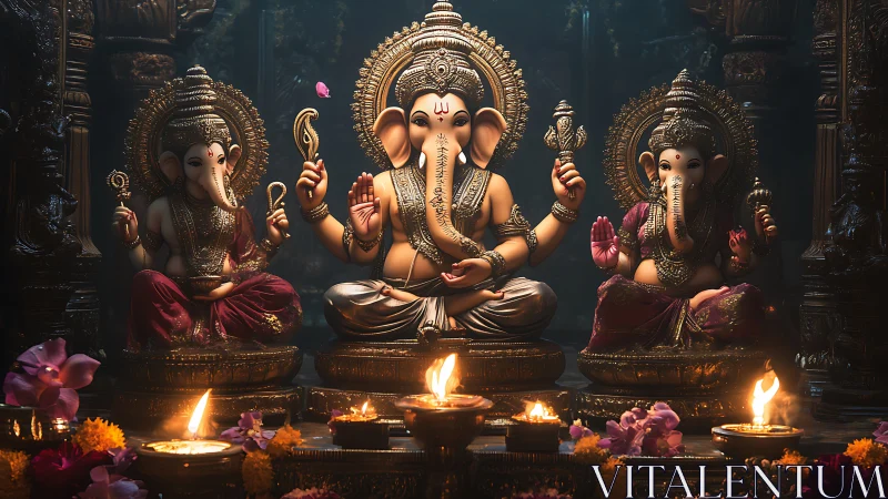 Gentle Ganesha deities glow in warm temple candlelight