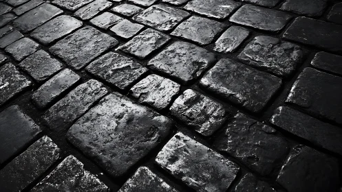 Wet cobblestone street at night in dramatic black and white style.