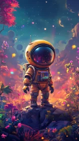 Astronaut in stylized alien valley with vivid flora at dusk.
