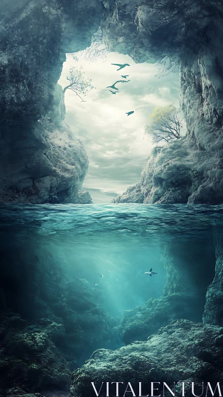 Submerged sea cave divides tranquil sky and abyss.
