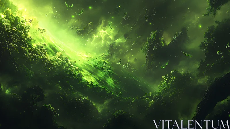 Luminescent Green Cavern with Bioluminescent Glow