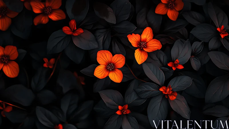 Luminous orange blossoms emerging from deep shadowed foliage.