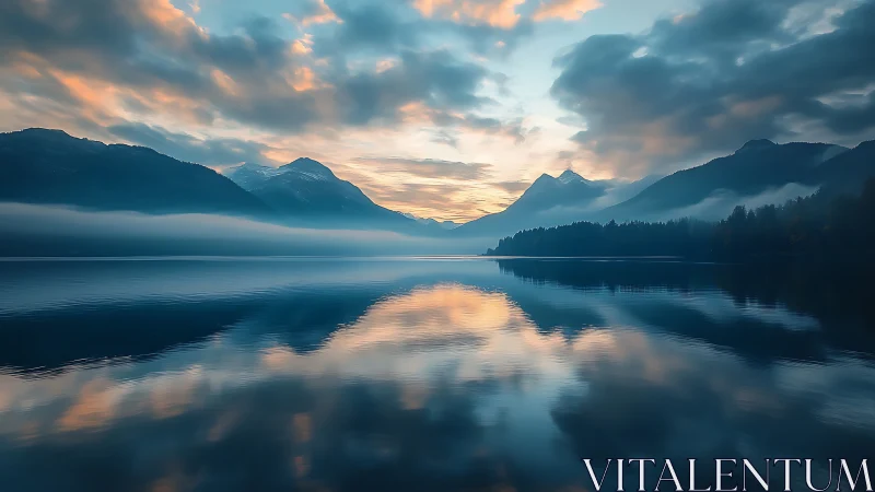 Symmetric alpine lake at dawn with low mist and pastel clouds
