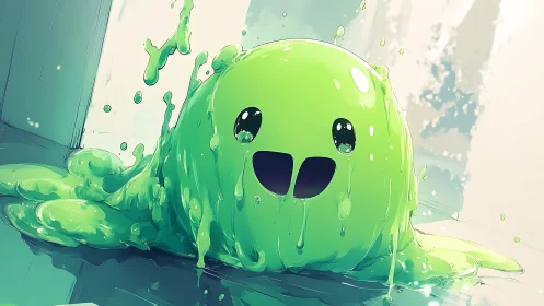 Smiling neon slime blob drips across reflective floor