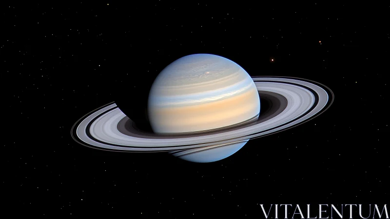 Ringed gas giant Saturn against star field in space.