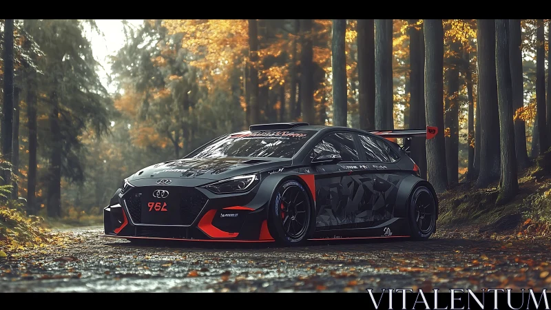 Track-born forest predator, matte-black racer stalks autumn roads.