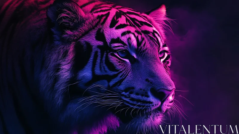 Side profile of a tiger rendered in dual neon lighting