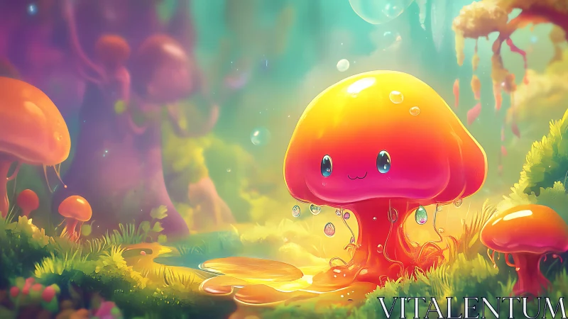 Glowing kawaii mushroom spirits in luminous fantasy forest
