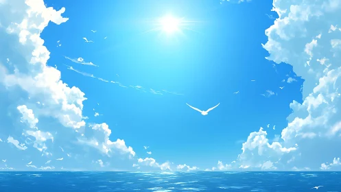 High-noon maritime skyscape with cumulus towers and seabirds