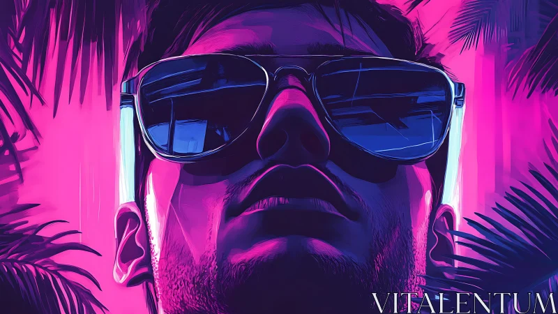 Man in neon sunglasses stares upward in stylized portrait