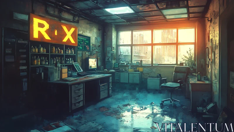 Sunlit ruins of a forgotten cyberpunk pharmacy office.