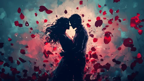 Silhouetted Couple Kissing Amid Suspended Rose Petals. Digital Artwork