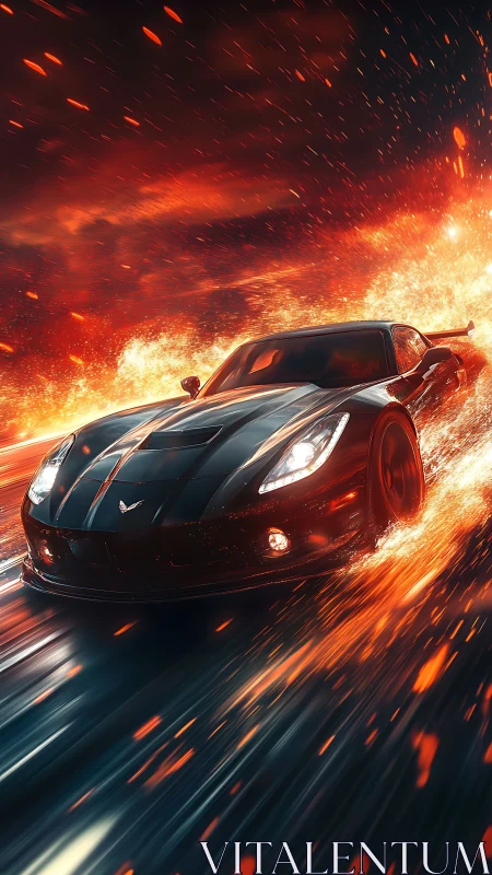 Black sports car racing through fiery motion trail.