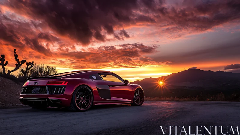 Red sports car catches sunset glow on a desert mountain road