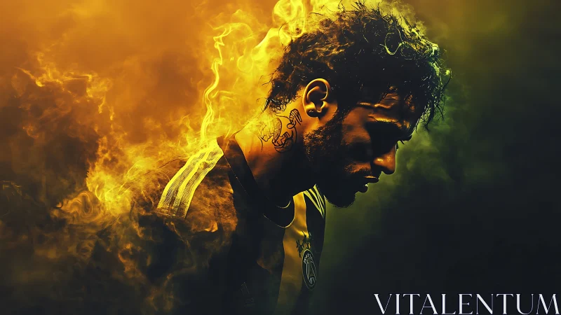 Side profile of male athlete in smoke-filled yellow backlight