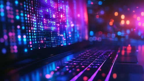 Neon laptop glow with playful digital city lights at night.