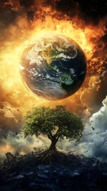 Planetary firestorm encircles Earth above rooted lone tree.