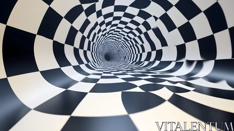 Surreal checkered tunnel with optical illusion effect in 3D art.
