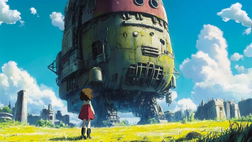 Girl confronting towering rusted mech in sunlit field.