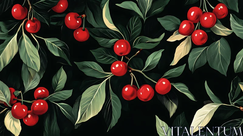 Red cherries and green foliage on dark botanical backdrop.