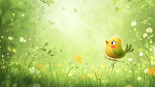 Stylized Yellow Bird in Spring Meadow Setting.