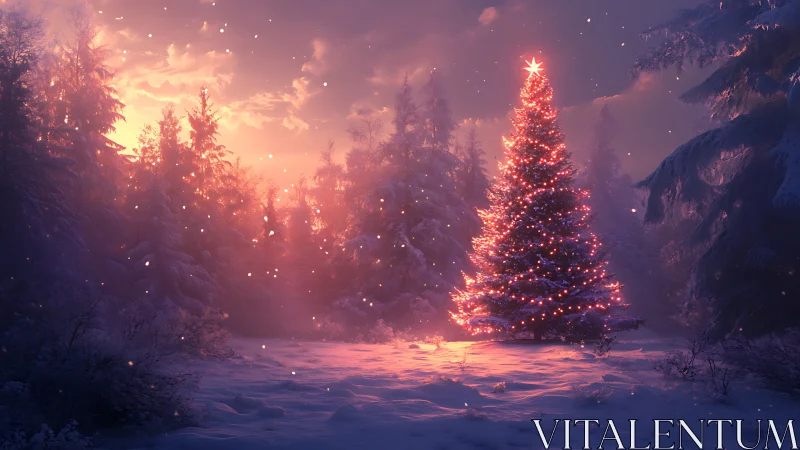 Illuminated Christmas fir in snowy forest at twilight glow