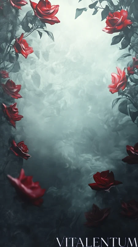 Red roses arranged in misty atmospheric garden with moody lighting