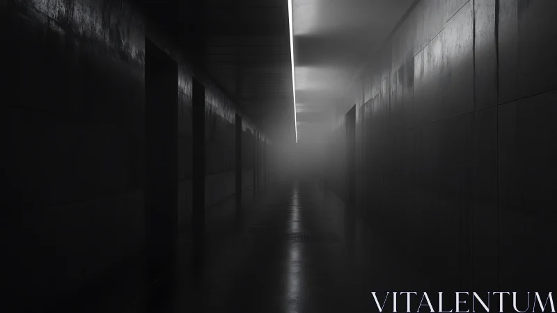 Minimalist corridor in fog with linear ceiling light strip.