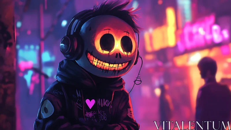 Hooded figure with glowing skull mask in neon city street.