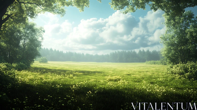 Sunlit meadow portal where whispering trees guard the hush.